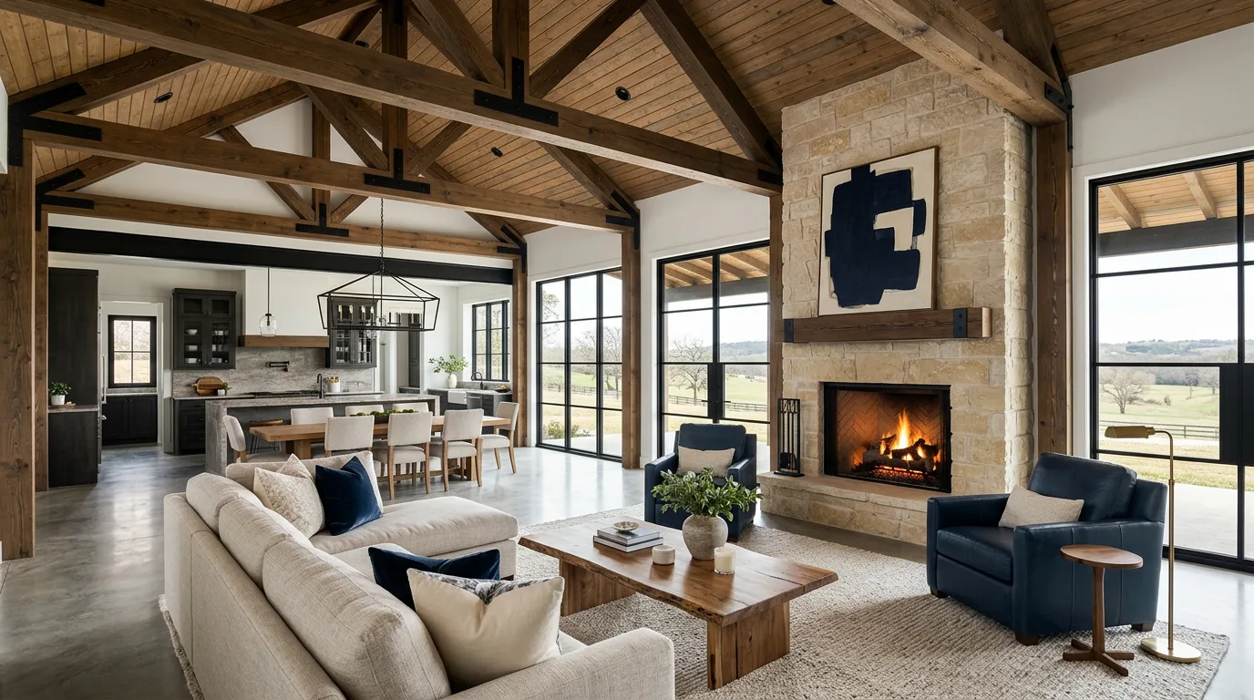 Premium barndominium great room with exposed timber trusses, stone fireplace, and open-plan living.