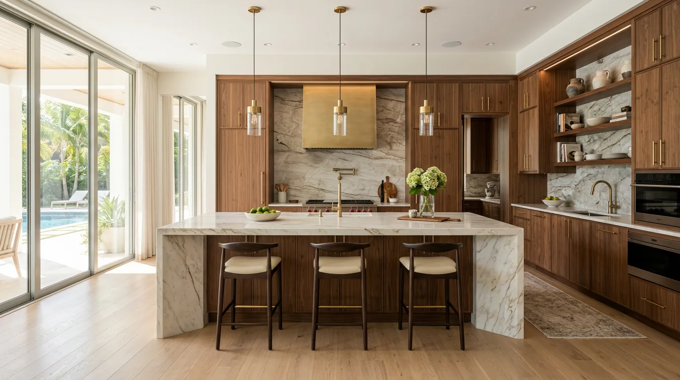 Luxury kitchen with oversized waterfall island, walnut cabinetry, and brass fixtures.