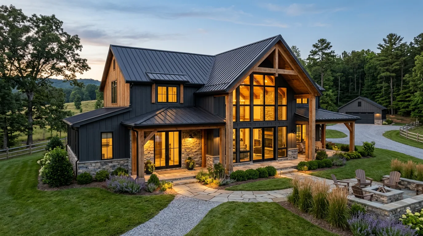 Luxury barndominium exterior with metal roof, timber porch, and warm dusk lighting.