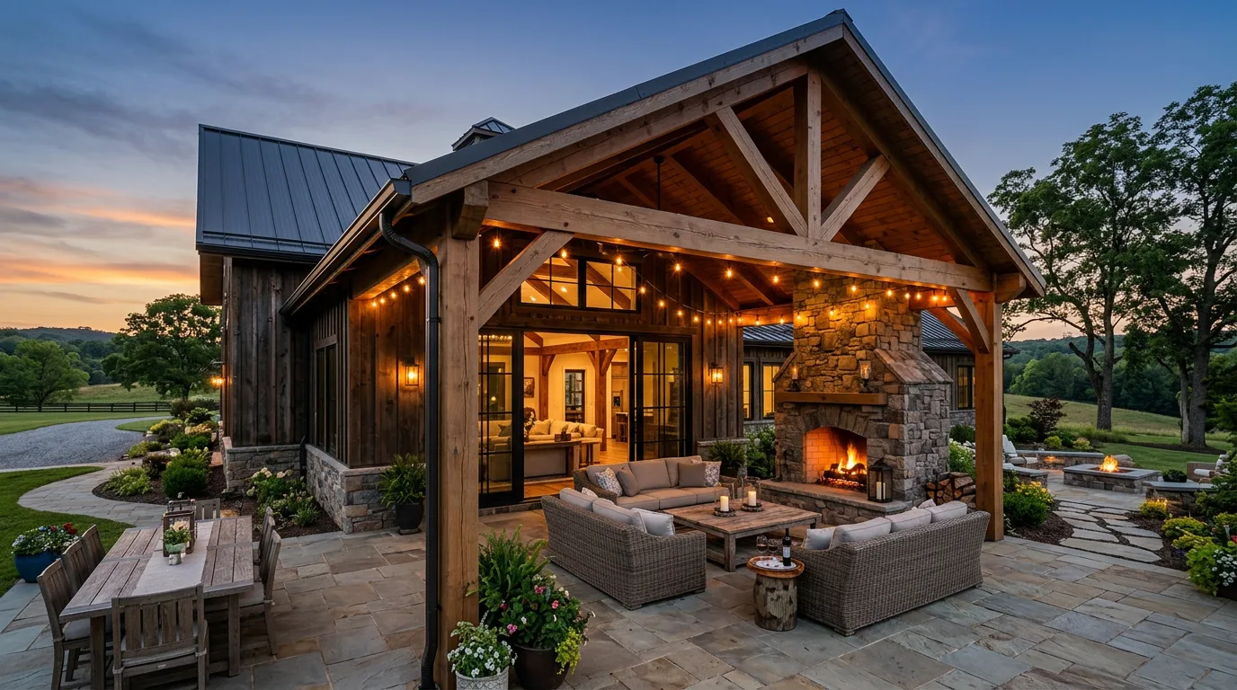 Luxury barndominium outdoor living porch with timber framing, fireplace, and warm dusk lighting.