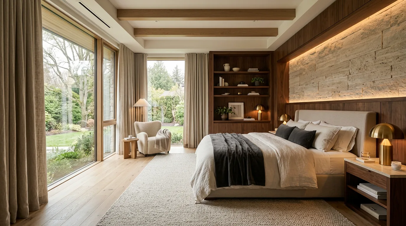 Private primary retreat with serene bedroom, layered wood and stone textures, and soft natural light.