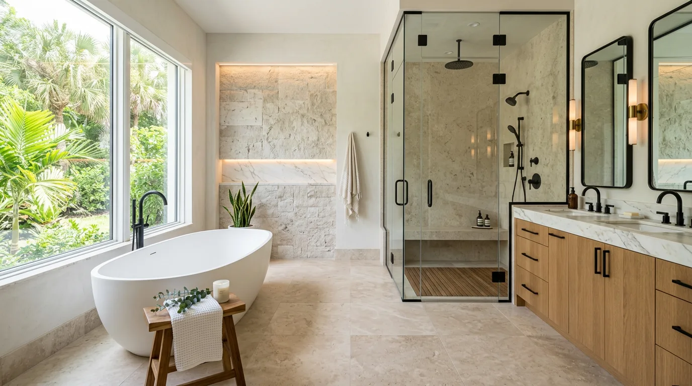 Spa bath with freestanding tub, oversized shower, natural stone, and warm wood cabinetry.
